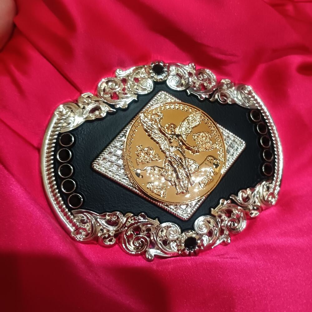 Centenario Western Belt Buckle Black gold faux 50 Pesos black rhinestone accent